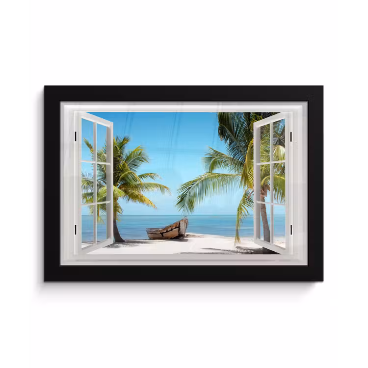 Poster met lijst - Doorkijk - Strand - Palmboom - Boot - Tropisch - Zee - Blauw — 1