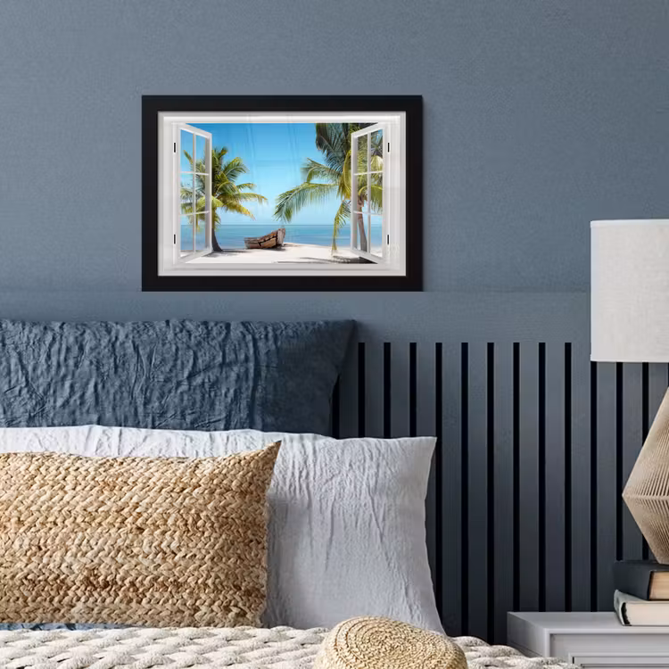 Poster met lijst - Doorkijk - Strand - Palmboom - Boot - Tropisch - Zee - Blauw — 3