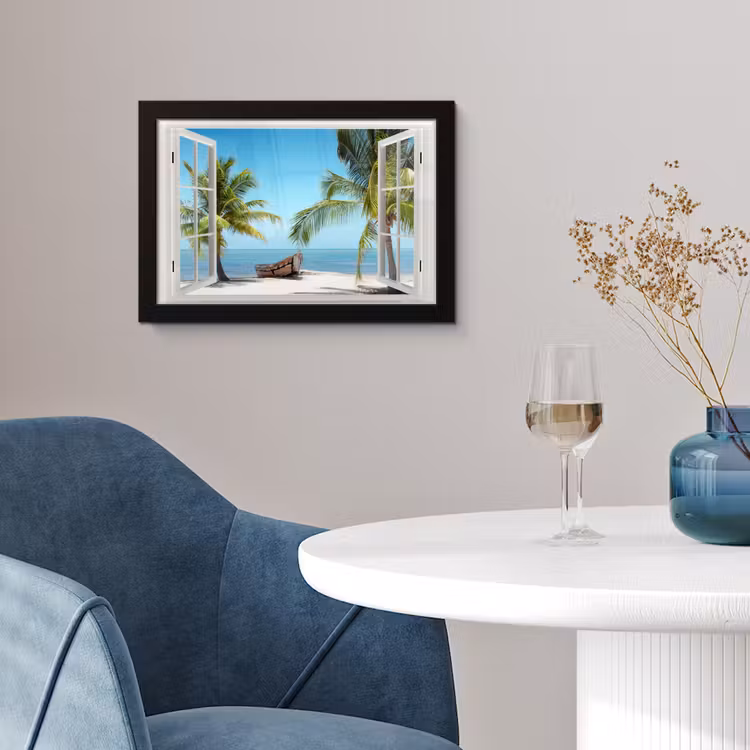 Poster met lijst - Doorkijk - Strand - Palmboom - Boot - Tropisch - Zee - Blauw — 4