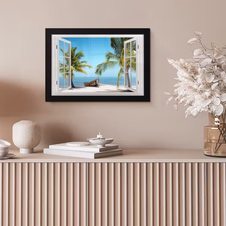 Poster met lijst - Doorkijk - Strand - Palmboom - Boot - Tropisch - Zee - Blauw — 5