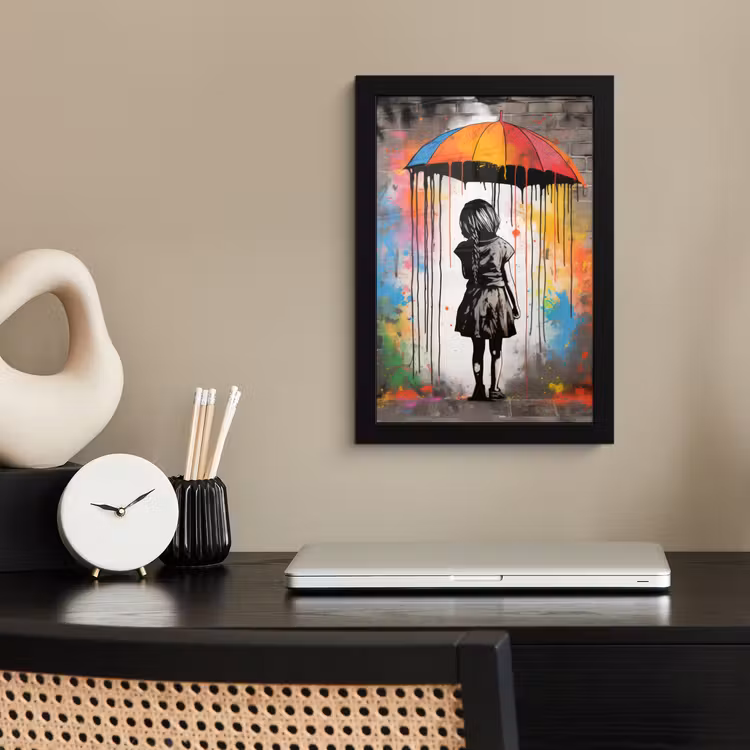 Poster met lijst - Meisje - Kunst - Paraplu - Graffiti - Kleuren - Muur — 2