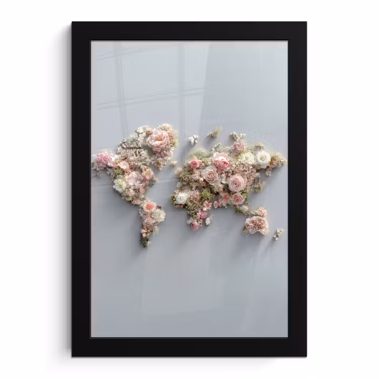 Poster met lijst - Wereldkaart Oudroze Bloemen Grijs
