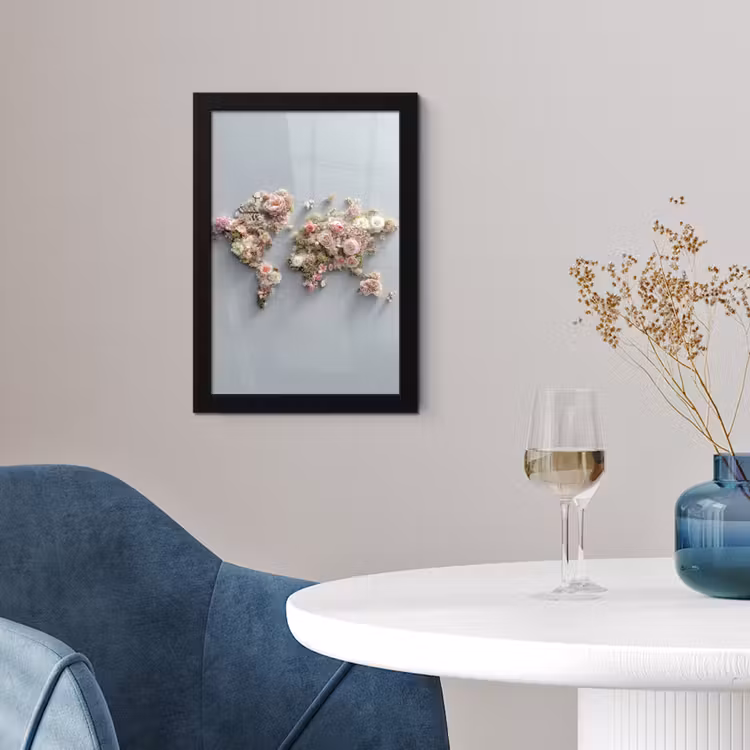 Poster met lijst - Wereldkaart Oudroze Bloemen Grijs — 4