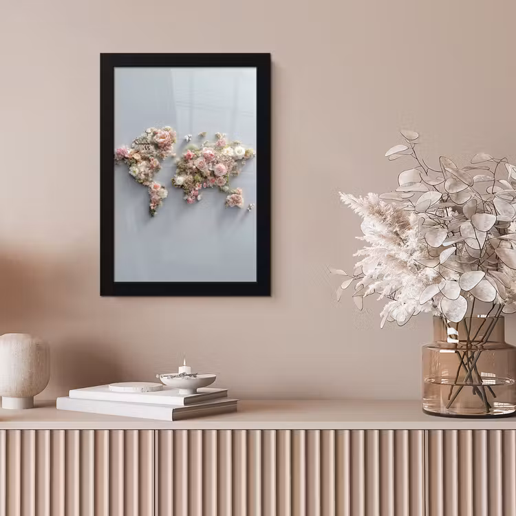 Poster met lijst - Wereldkaart Oudroze Bloemen Grijs — 5