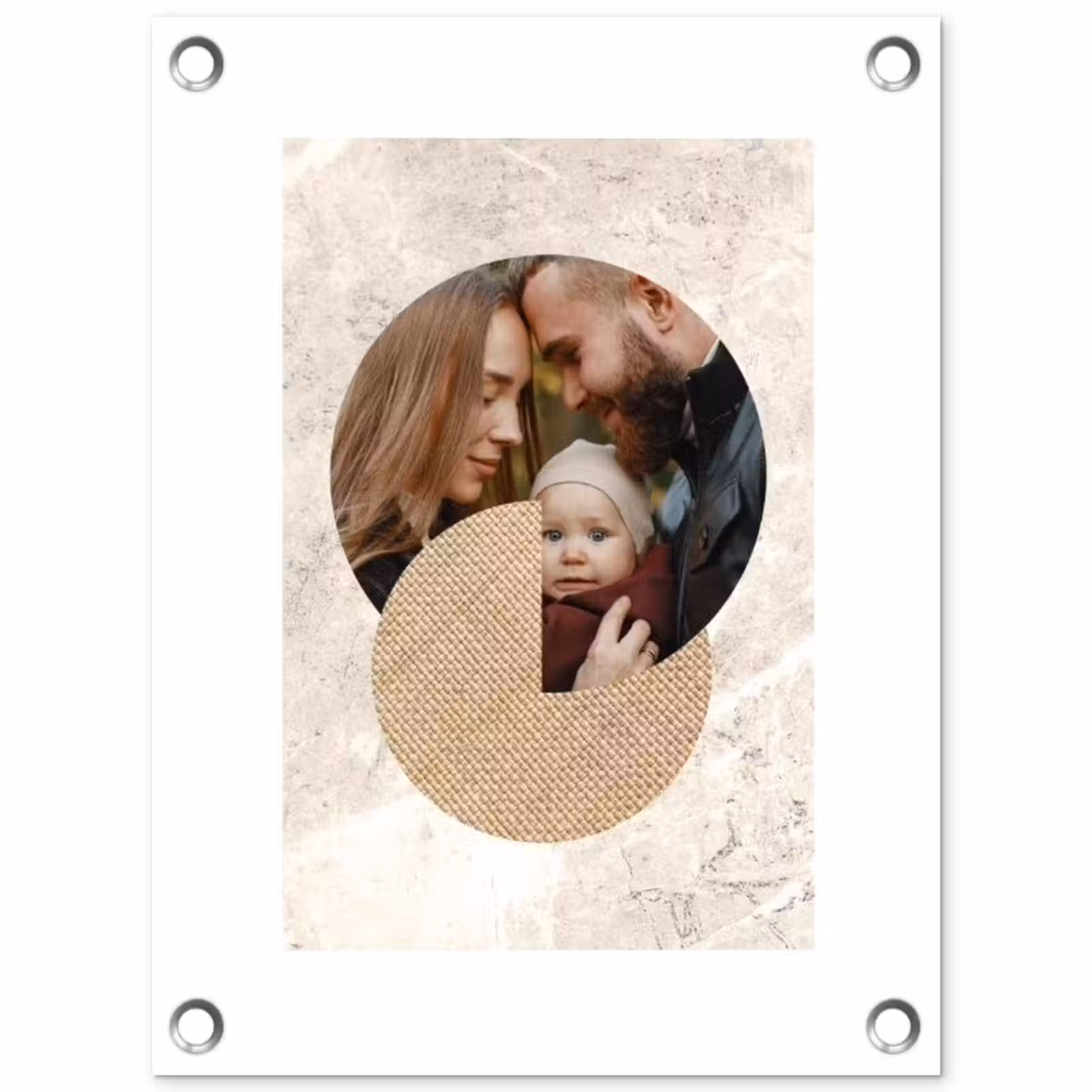 Gepersonaliseerde tuinposter - Ronde fotocollage met beige textuur en marmeren achtergrond — 1