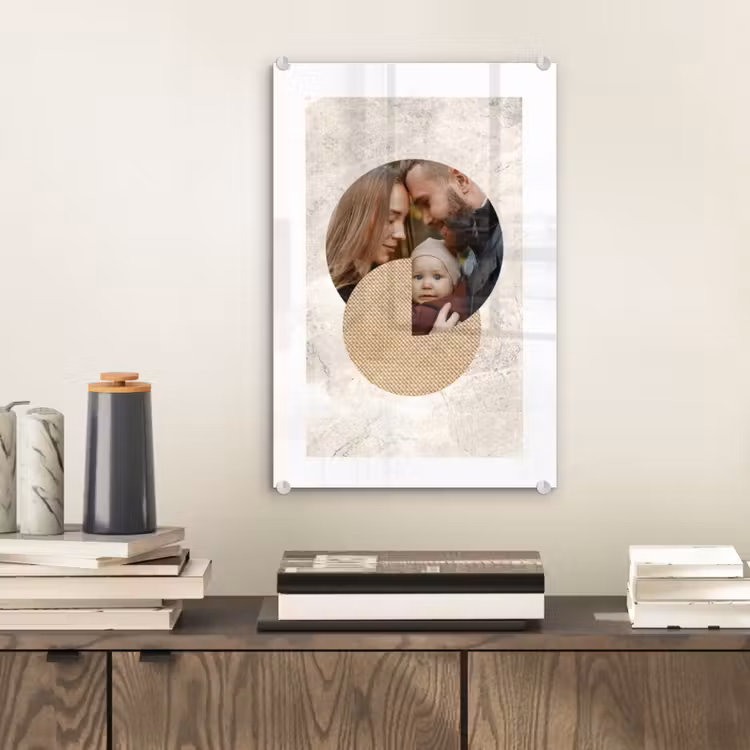Gepersonaliseerd glas schilderij - Ronde fotocollage met beige textuur en marmeren achtergrond — 2