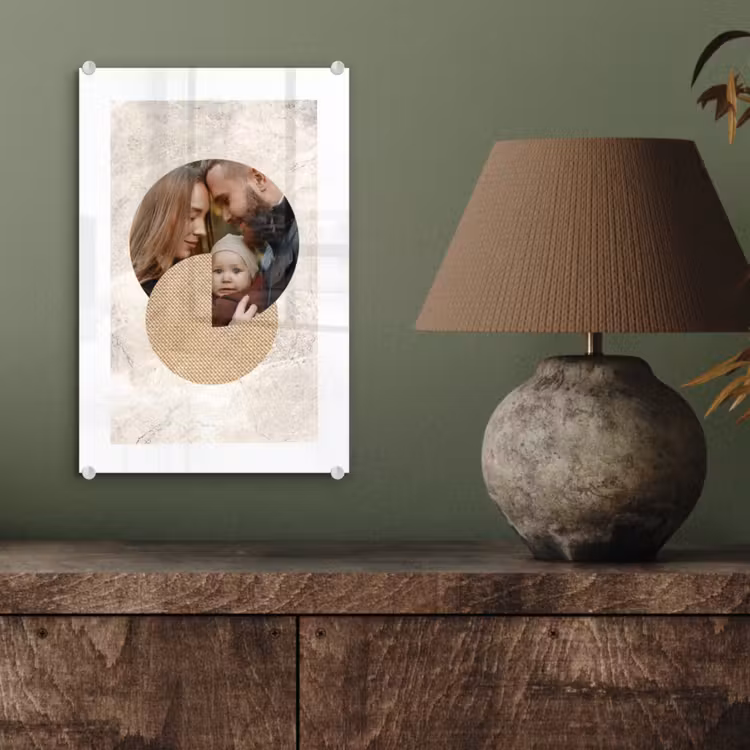 Gepersonaliseerd glas schilderij - Ronde fotocollage met beige textuur en marmeren achtergrond — 4