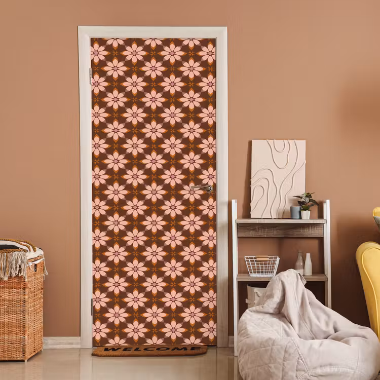 Deursticker - Bloemen Patroon Zalmroze Bruin — 2