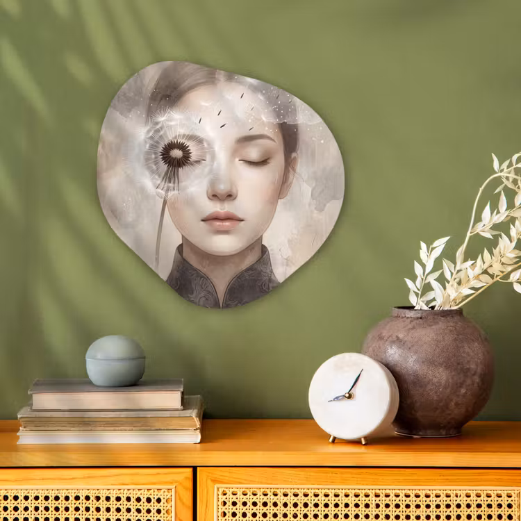 Organisch schilderij - Forex - Vrouw met Paardenbloem Beige — 2