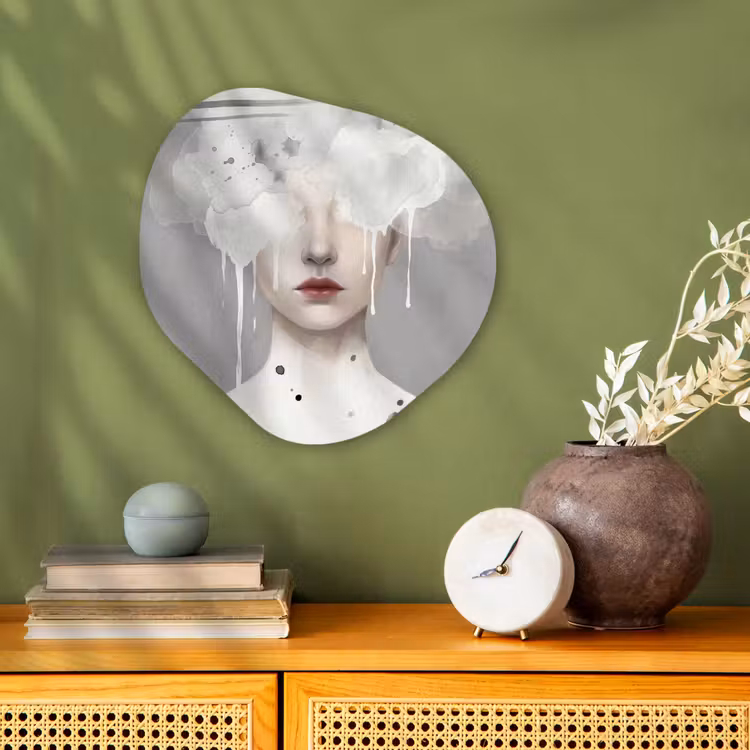 Organisch schilderij - Forex - Vrouw met Wolken Als Hoofd Grijs — 2