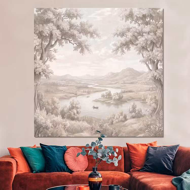 Forex - Rivierlandschap - Bergen - Natuur - Vintage - Beige — 3