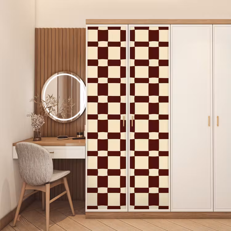 Deursticker - Golvend Dambord Patroon Bordeaux Crème — 5