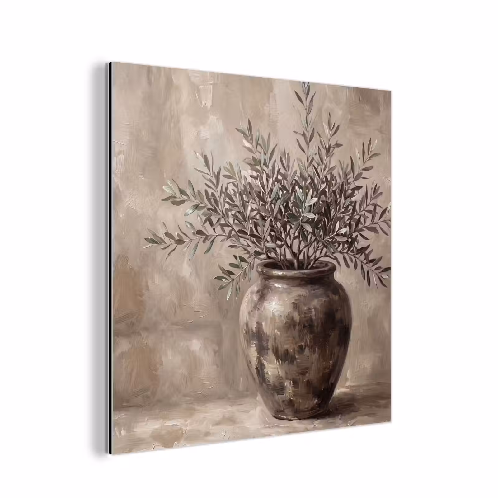 Aluminium schilderij - Olijfplant - Aardenpot - Abstract - Beige — 1