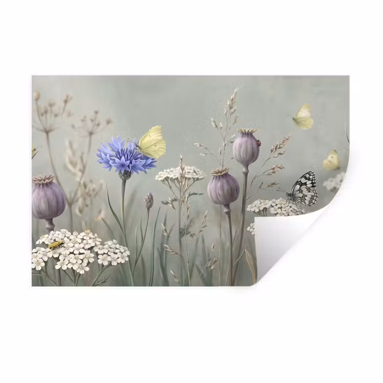 Muursticker - Vlinders - Wildbloemen - Illustratie - Kleurrijk