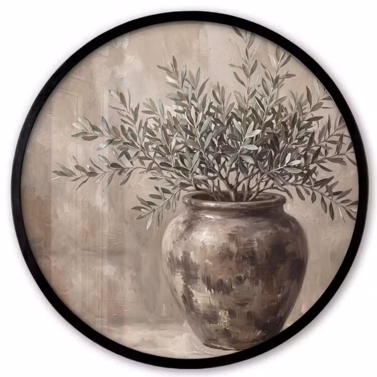 Ronde fotolijst - Olijfplant - Aardenpot - Abstract - Beige