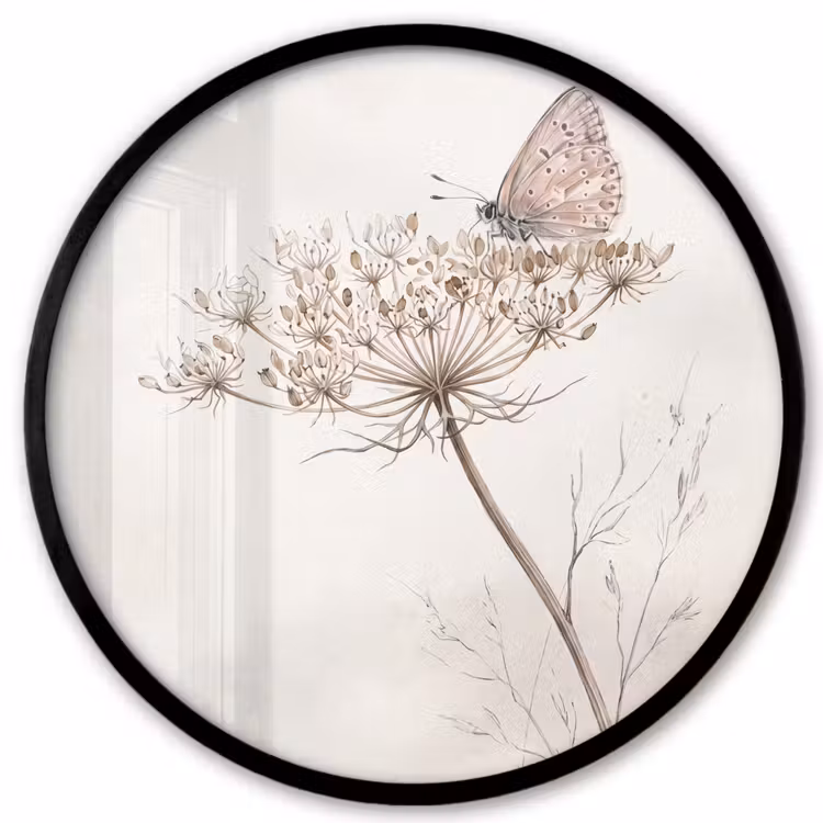Ronde fotolijst - Vlinder - Bloem -Natuur - Beige