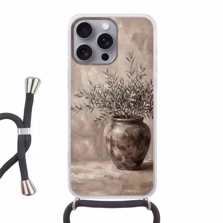 Telefoonhoesje met koord - Olijfplant - Aardenpot - Abstract - Beige