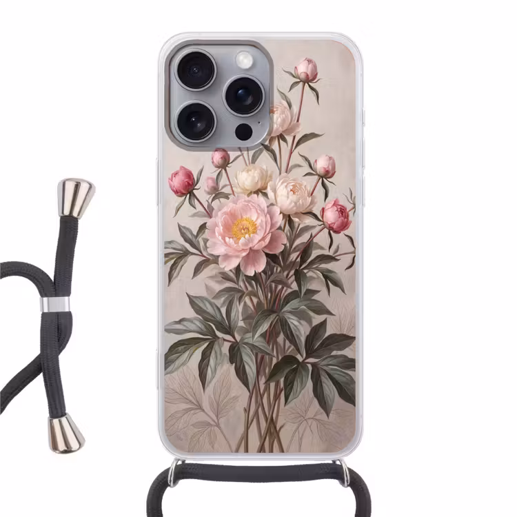 Telefoonhoesje met koord - Pioenrozen - Boeket - Roze