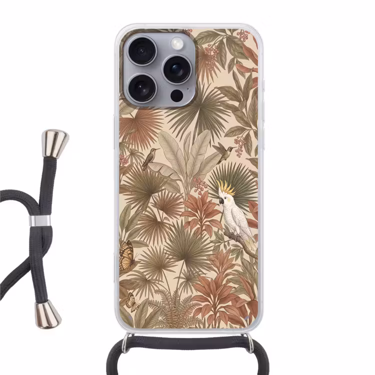 Telefoonhoesje met koord - Tropisch - Vogels - Beige