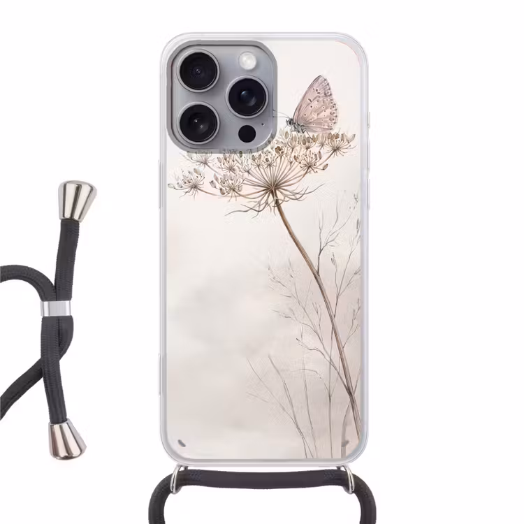 Telefoonhoesje met koord - Vlinder - Bloem -Natuur - Beige