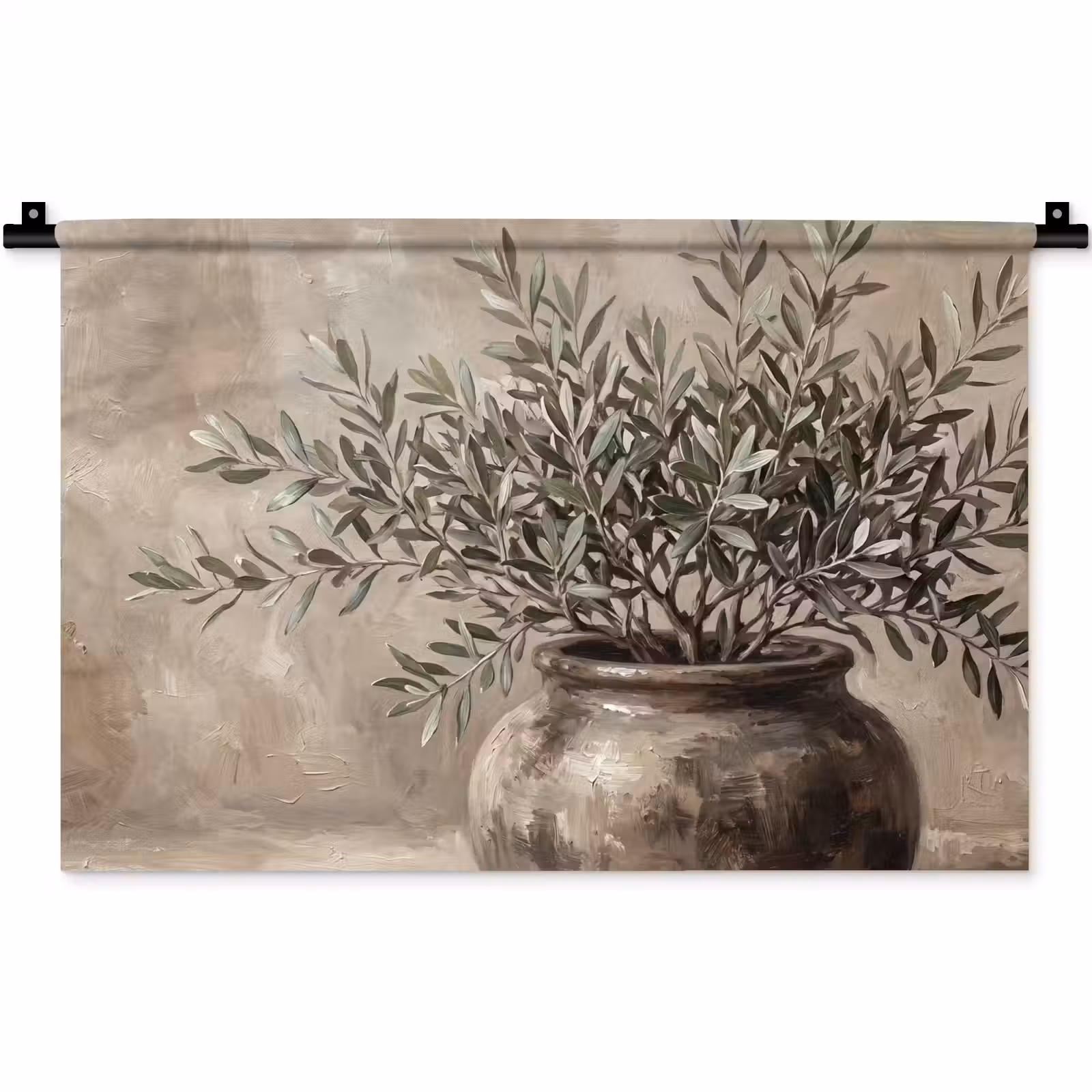 Wandkleed - Olijfplant - Aardenpot - Abstract - Beige — 1