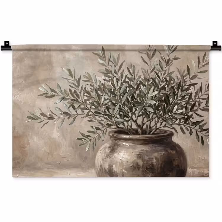 Wandkleed - Olijfplant - Aardenpot - Abstract - Beige