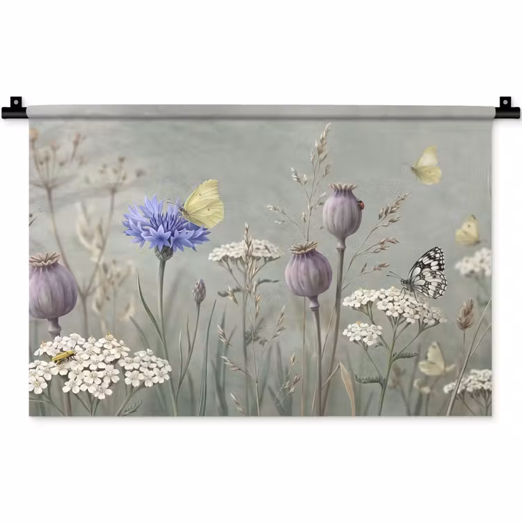 Wandkleed - Vlinders - Wildbloemen - Illustratie - Kleurrijk