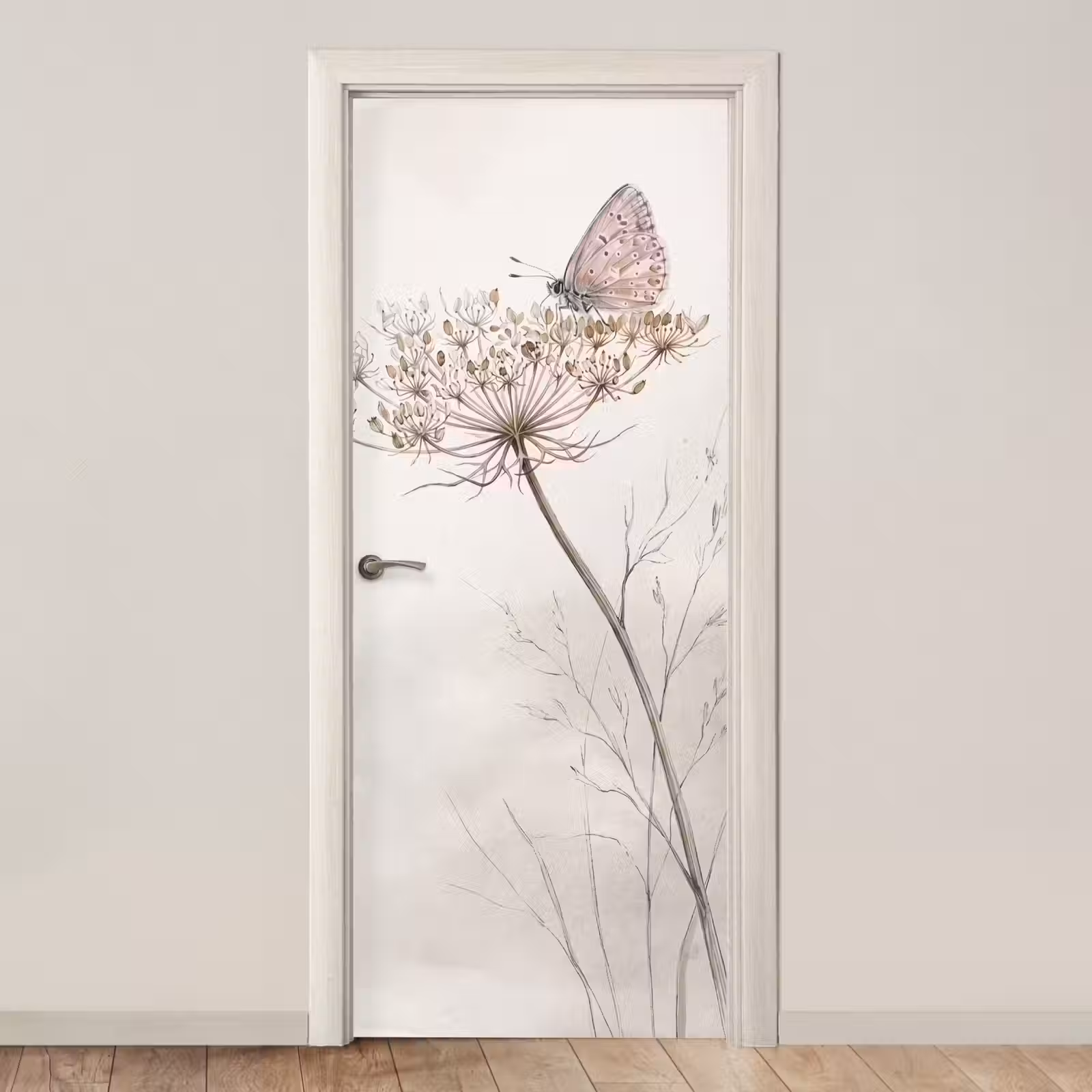 Deursticker - Vlinder - Bloem -Natuur - Beige — 1