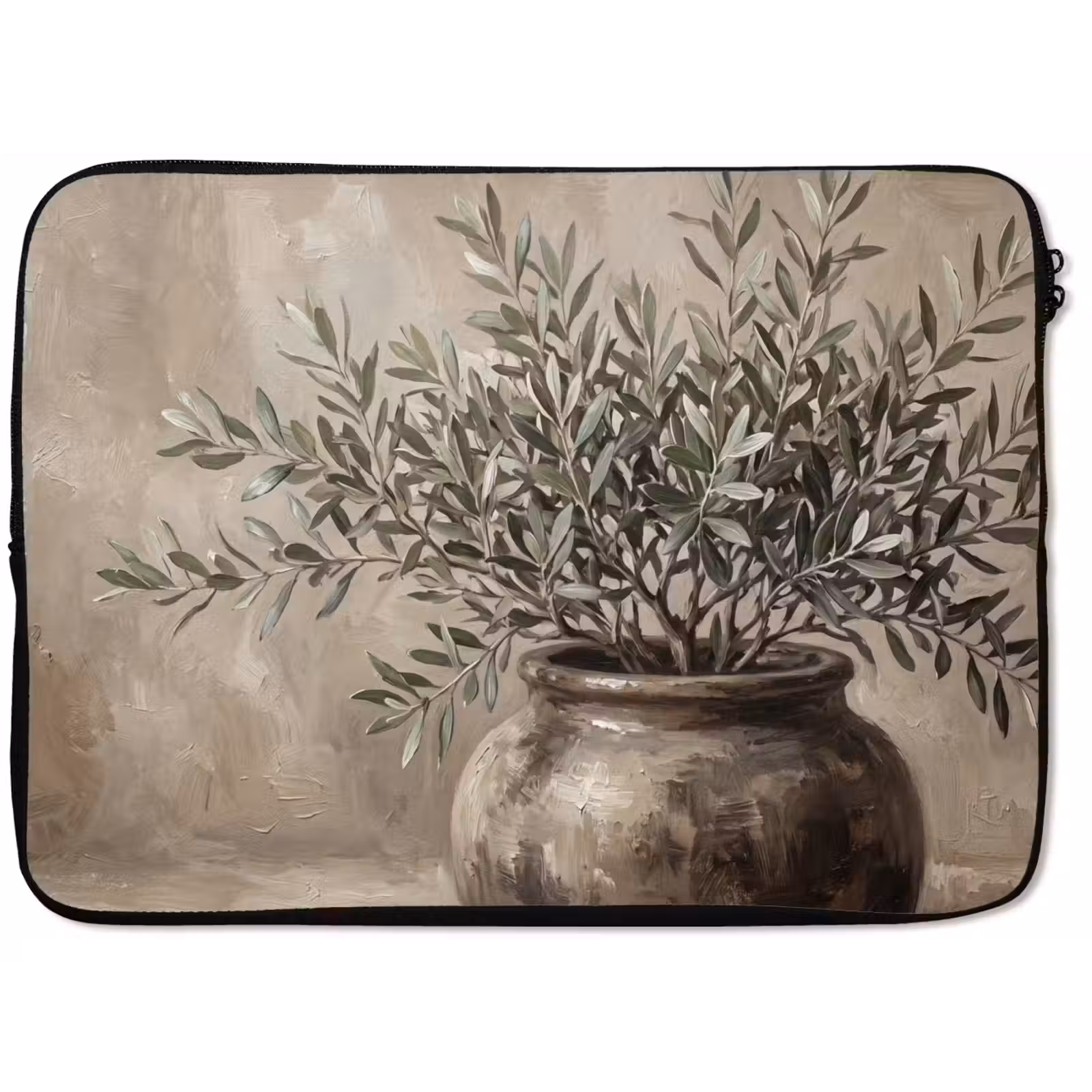 Laptophoes - Olijfplant - Aardenpot - Abstract - Beige — 1