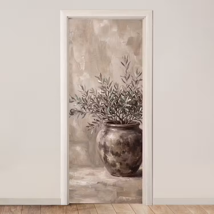Deursticker - Olijfplant - Aardenpot - Abstract - Beige
