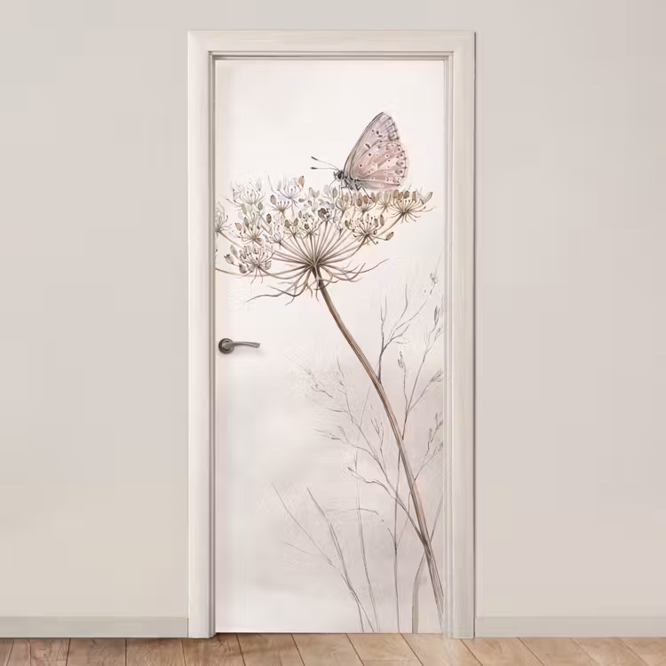 Deursticker - Vlinder - Bloem -Natuur - Beige