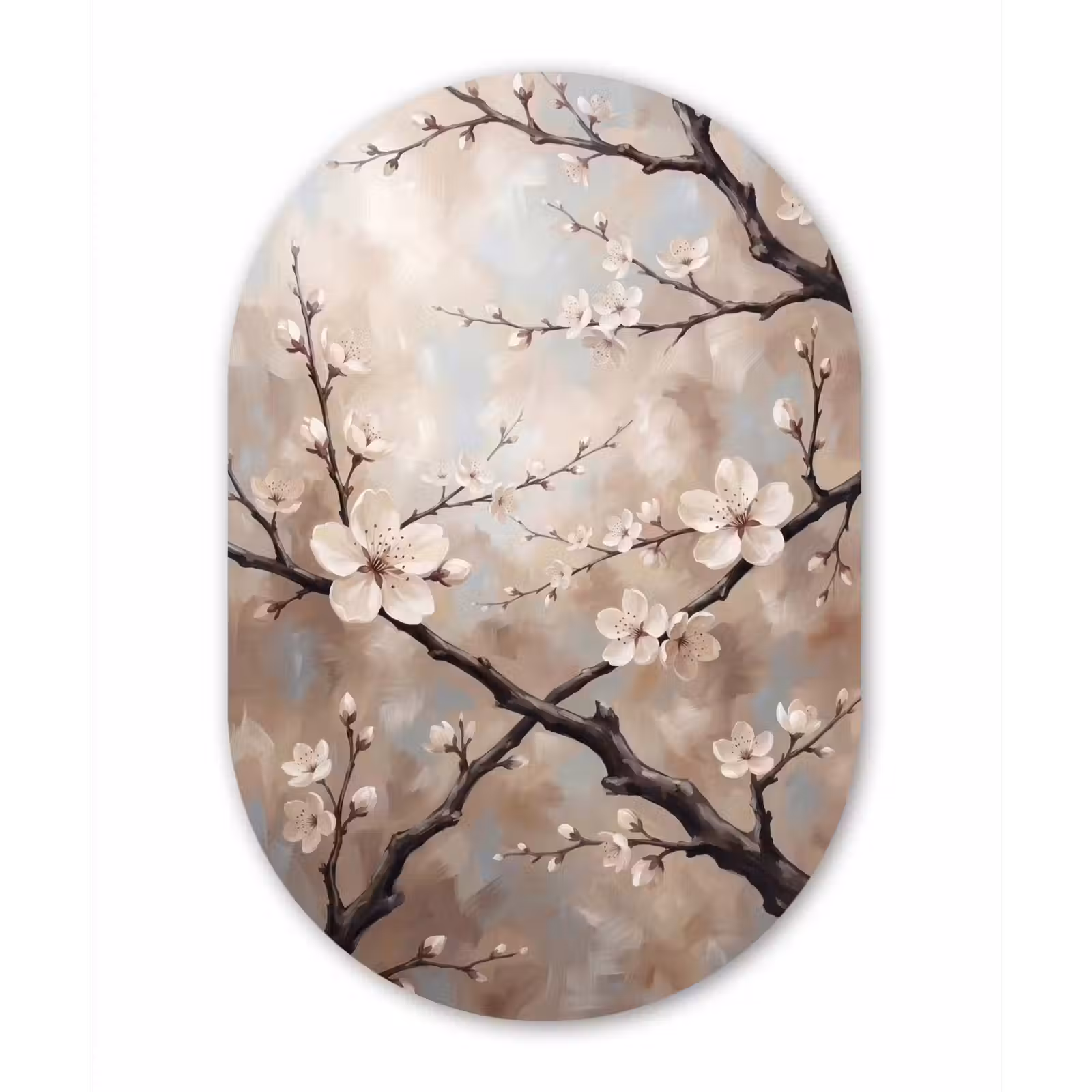 Muurovaal aluminium - Bloesem - Takken - Schilderij - Beige - Serene — 1