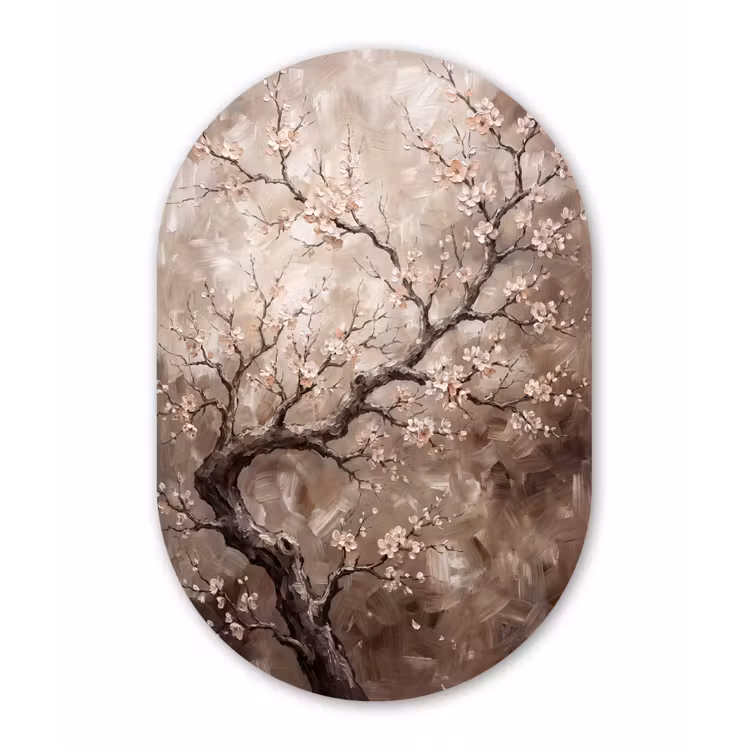 Muurovaal aluminium - Bloesem - Takken - Schilderij - Beige - Serene — 1