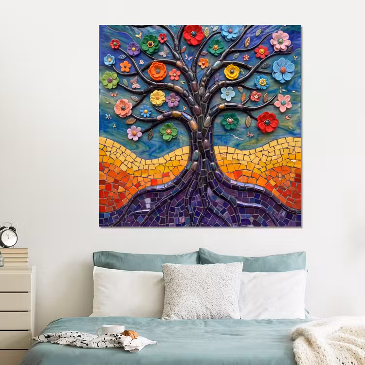 Forex - Levensboom - Mozaïek - Bloemen - Kleurrijk - Vrolijk — 2
