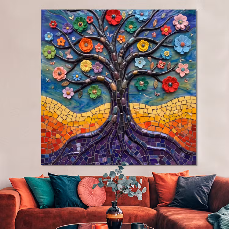 Forex - Levensboom - Mozaïek - Bloemen - Kleurrijk - Vrolijk — 3