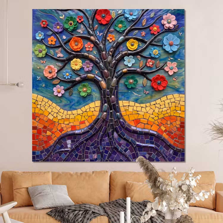 Forex - Levensboom - Mozaïek - Bloemen - Kleurrijk - Vrolijk — 4