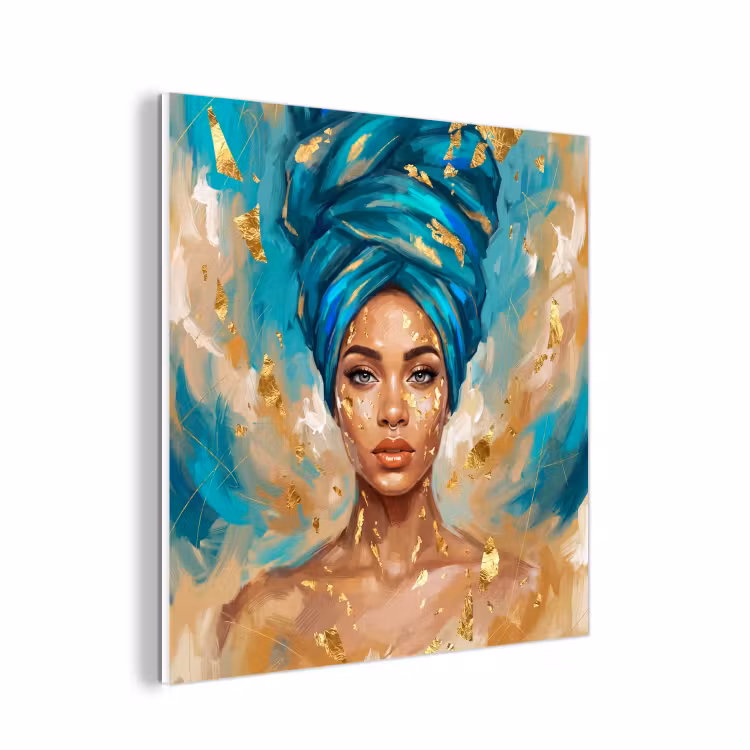 Forex - Portret - Vrouw - Schilderij - Blauw - Goud - Expressief — 1
