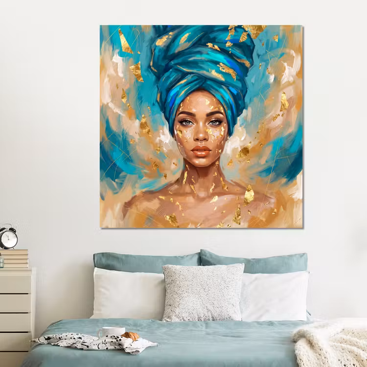 Forex - Portret - Vrouw - Schilderij - Blauw - Goud - Expressief — 2