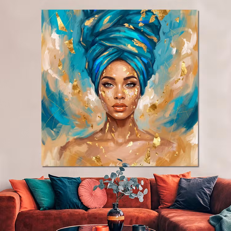 Forex - Portret - Vrouw - Schilderij - Blauw - Goud - Expressief — 3