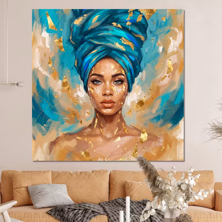 Forex - Portret - Vrouw - Schilderij - Blauw - Goud - Expressief — 4