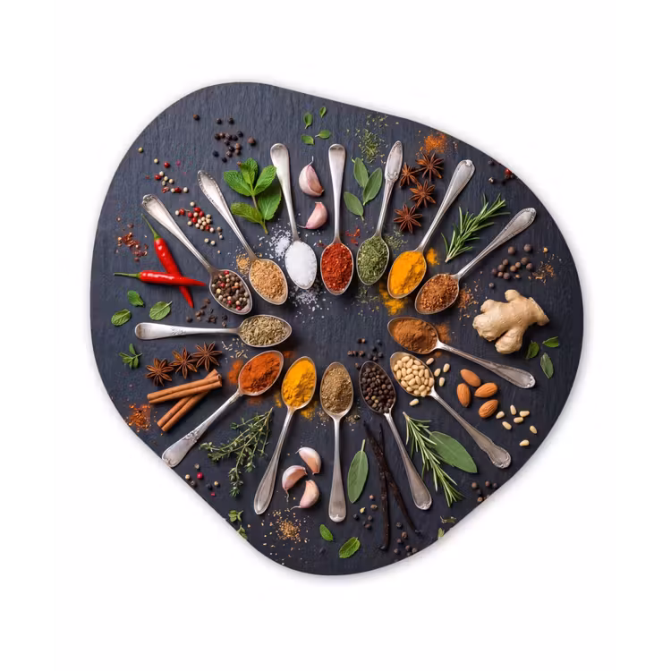 Organische schilderij - Aluminium - Kruiden - Lepels - Culinair - Kleurrijk - Sfeervol