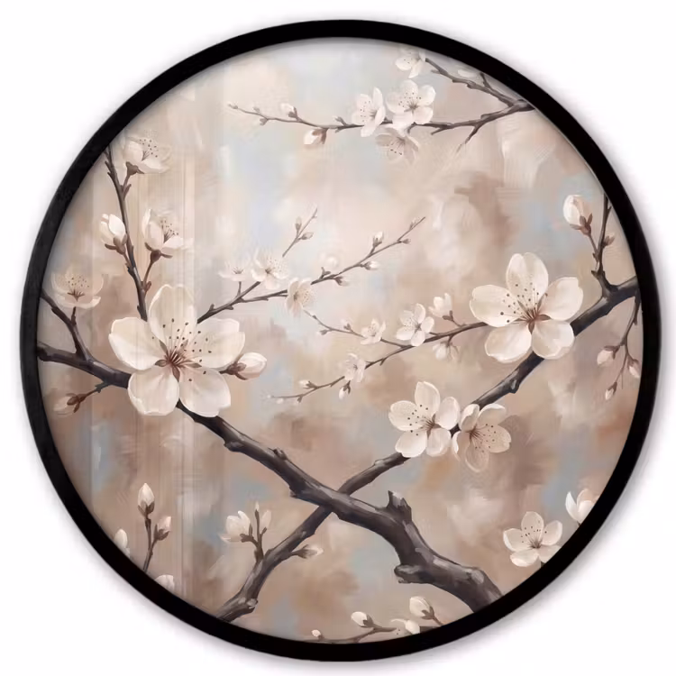 Ronde fotolijst - Bloesem - Takken - Schilderij - Beige - Serene