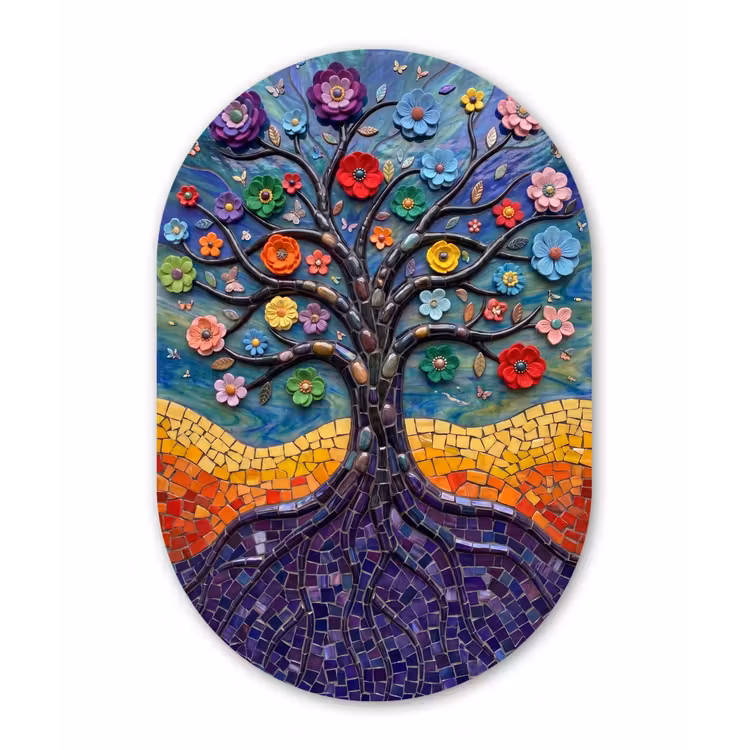 Muurovaal aluminium - Levensboom - Mozaïek - Bloemen - Kleurrijk - Vrolijk — 1
