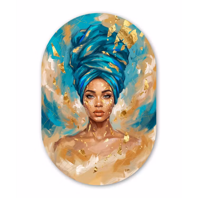 Muurovaal aluminium - Portret - Vrouw - Schilderij - Blauw - Goud - Expressief — 1