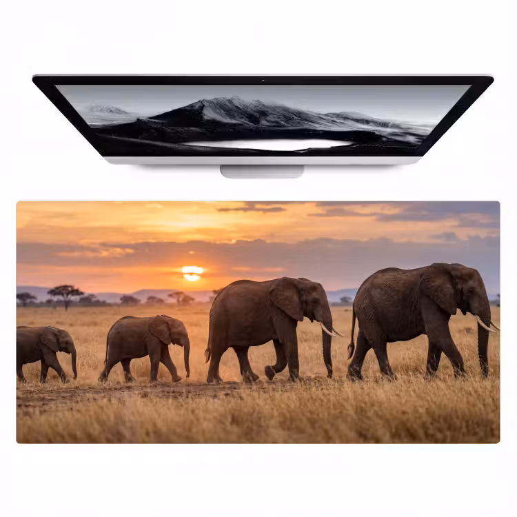 Bureau onderlegger - Olifanten - Savanne - Zonsondergang - Afrika - Warm