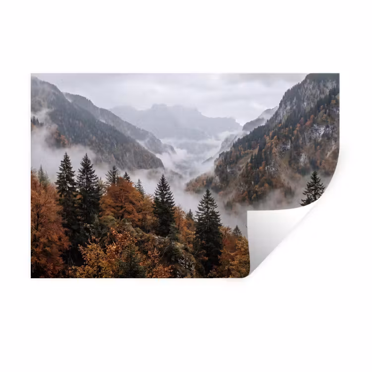 Muursticker - Bergen - Vallei - Mist - Herfst - Natuur