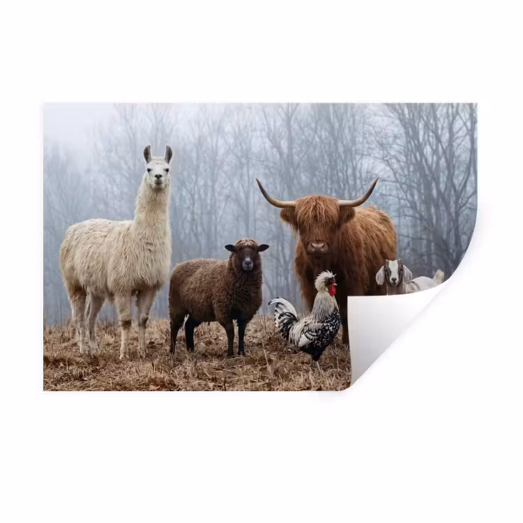 Muursticker - Boerderijdieren - Groep - Mist - Natuur - Rustiek