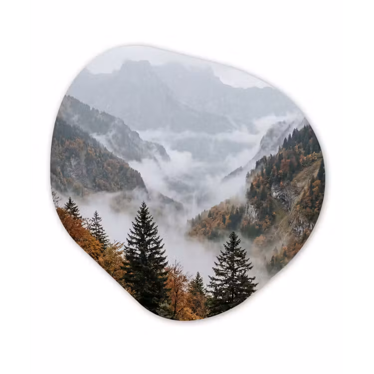 Organische schilderij - Aluminium - Bergen - Vallei - Mist - Herfst - Natuur