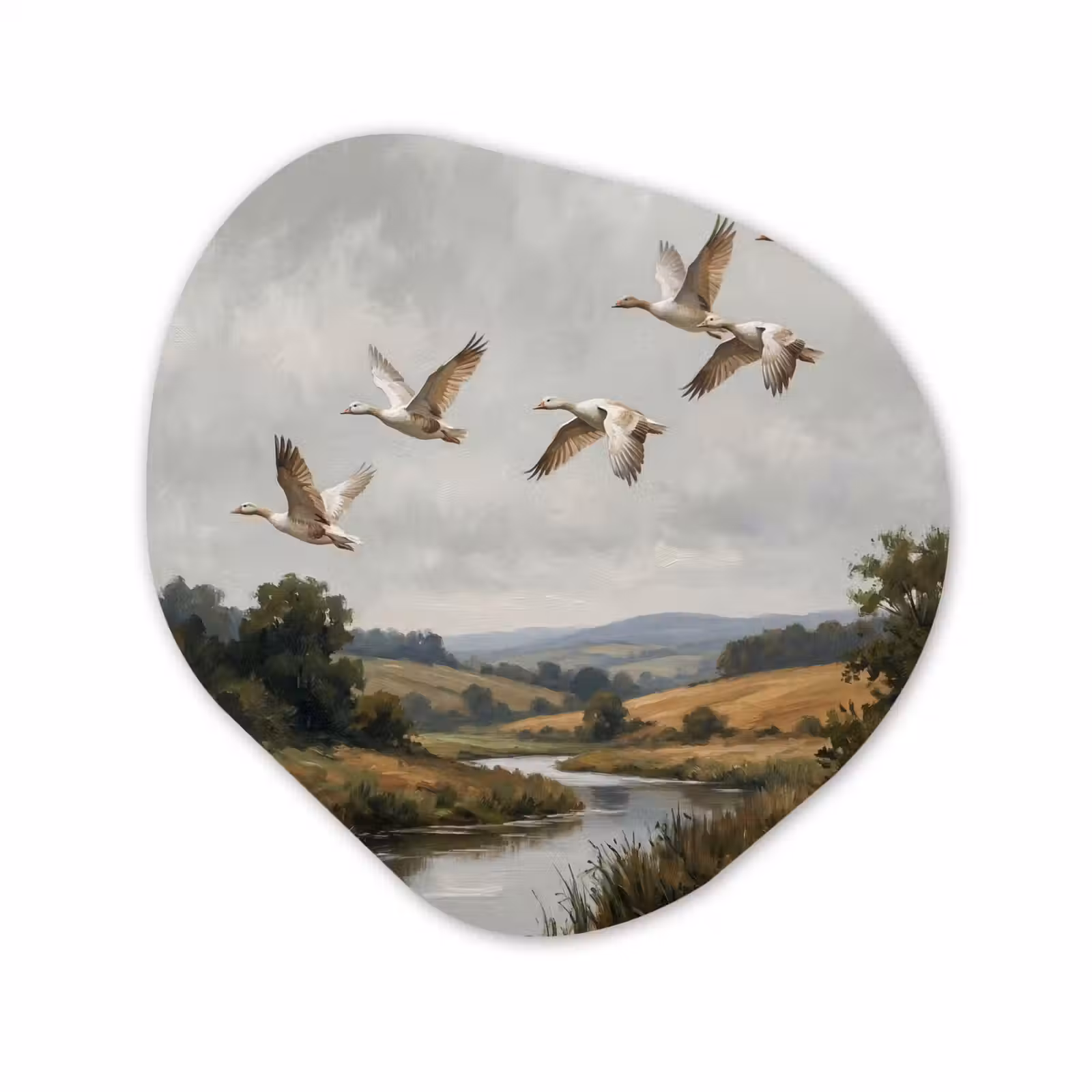 Organisch schilderij - Forex - Eenden - Rivier - Landschap - Vlucht - Nostalgisch — 1