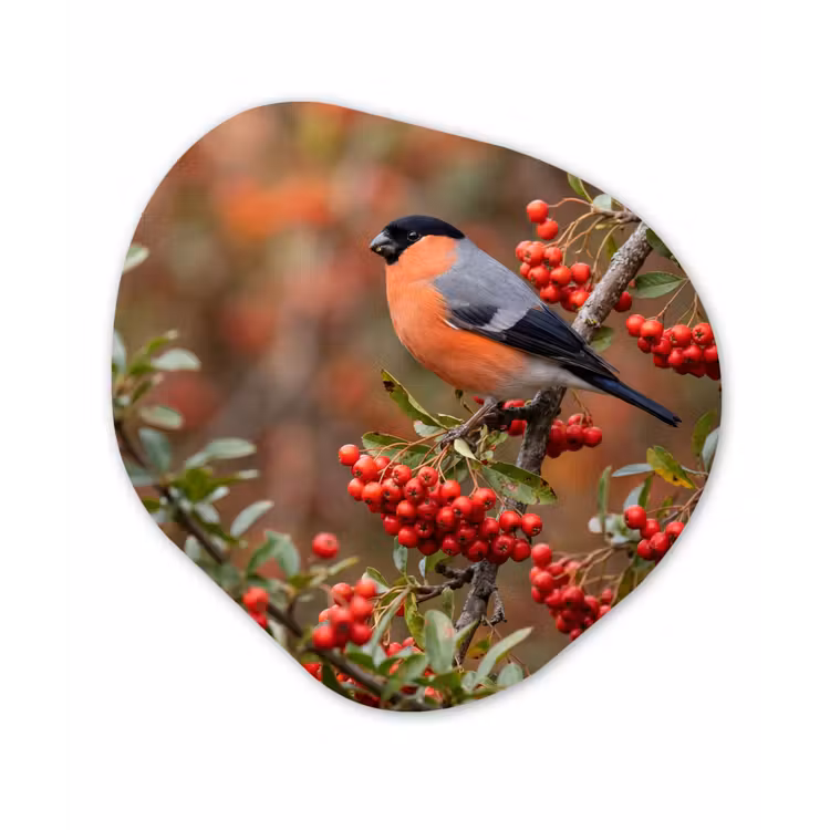 Organisch schilderij - Forex - Goudvink - Bessen - Herfst - Natuur - Kleurrijk